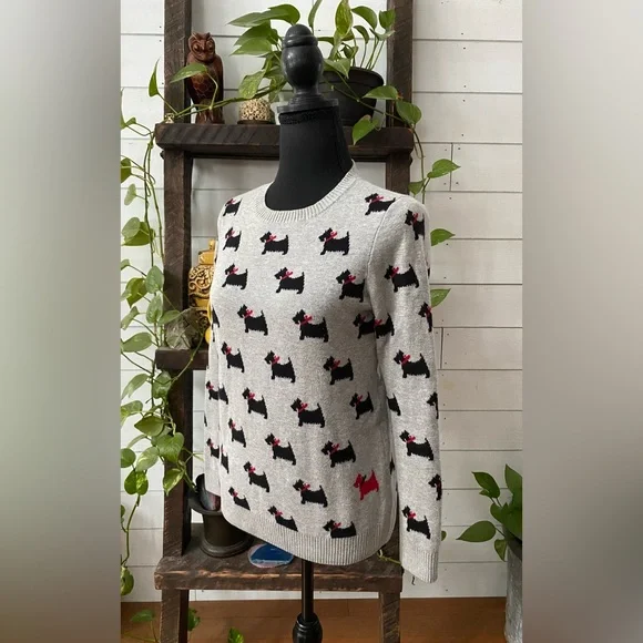 Charter Club: Gray Knit Crew Neck Sweatshirt Western Terrier Dogs with Red Bows - Picture 6 of 17